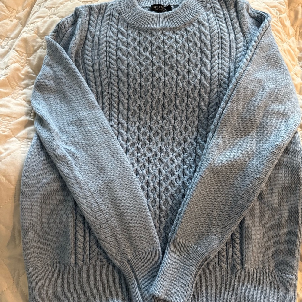 Helfrich Light Blue Wool Cable Knit Crewneck Sweater